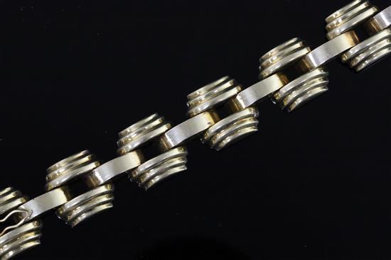 A stylish mid 20th century Hungarian 14ct gold stepped domed link bracelet, 19.5cm.